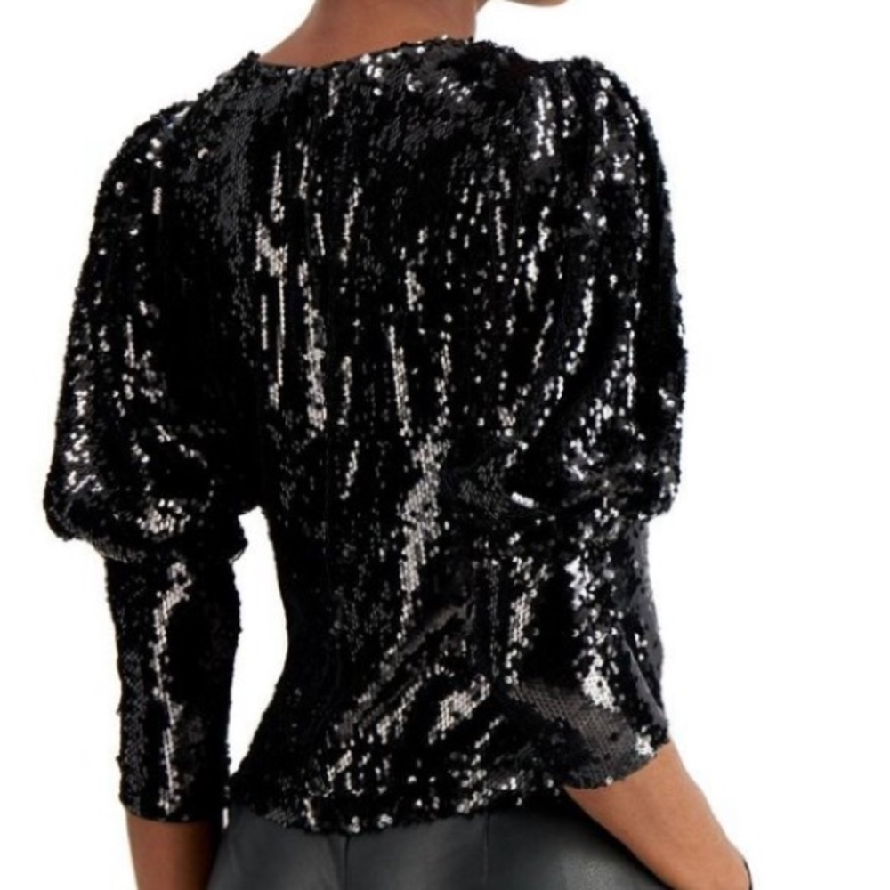 INC International Concepts Black Sequin Puff-Sleeve Top - Picture 2 of 7